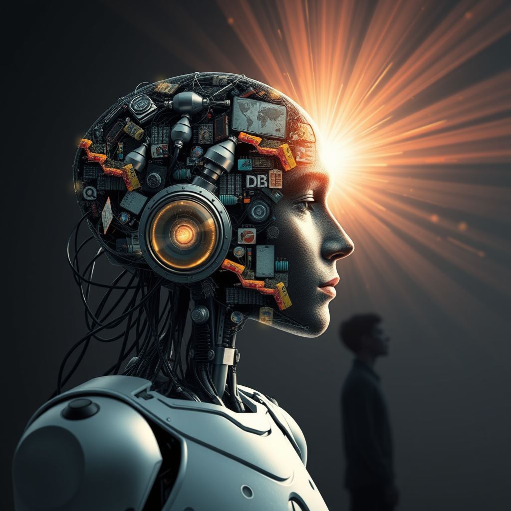 Create a realistic photo - A neural network in the form of a robot creates a work of art from details collected from books, movies, and music, while a person stands nearby, emanating bright rays of creativity from their head. Create a realistic photo - A neural network in the form of a robot creates a work of art from details collected from books, movies, and music, while a person stands nearby, emanating bright rays of creativity from their head.