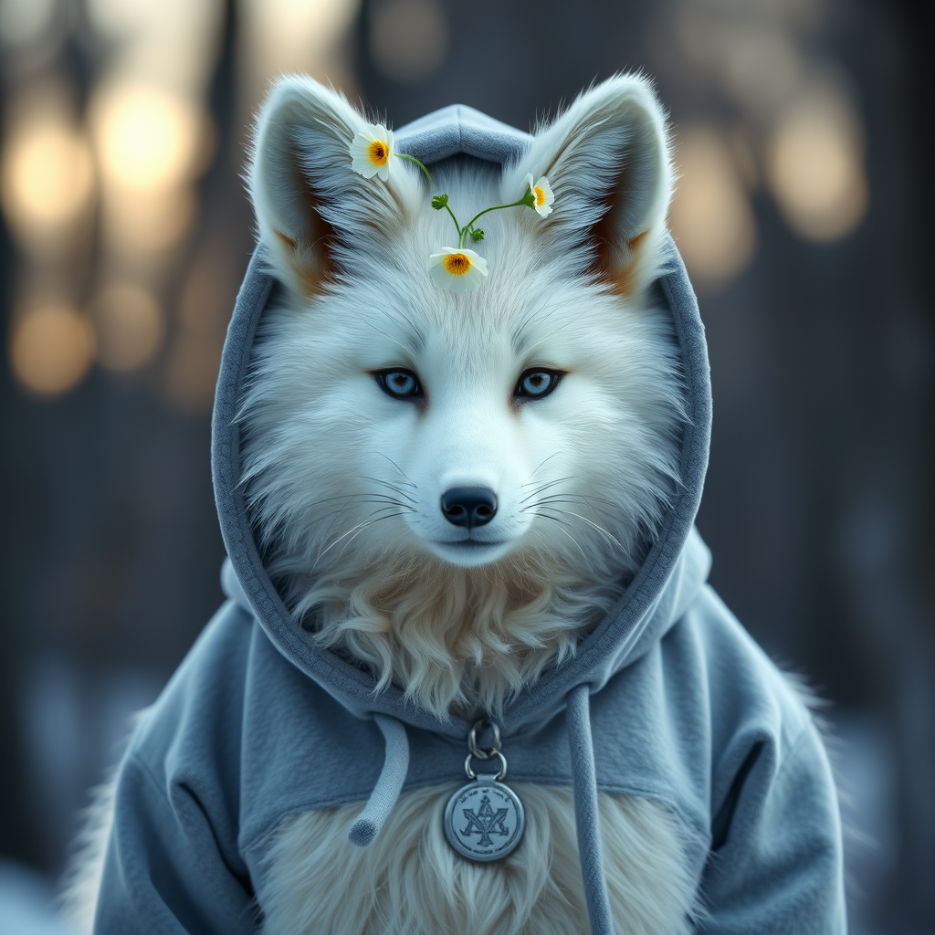 white Arctic fox, furry, half-human, in a hoodie, six years old, photorealism, white fur, a buttercup flower growing on the head, a fluffy tail, in the middle of the frame, symmetrical body and face, 50mm lens, taiga background, 16k white Arctic fox, furry, half-human, in a hoodie, six years old, photorealism, white fur, a buttercup flower growing on the head, a fluffy tail, in the middle of the frame, symmetrical body and face, 50mm lens, taiga background, 16k