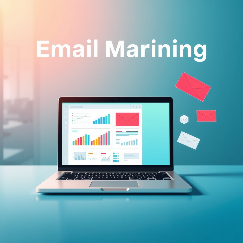 Create a vibrant and eye-catching image for an email marketing training ad. The image should include the following elements: a stylish laptop with an open email client, charts and sales statistics on the screen, and visual elements symbolizing email campaigns (envelopes, letters). The background should be modern and business-oriented, using colors associated with success and technology (e.g., blue, green). At the top of the image, place the text 'Email Marketing Training' in large font. The image should be engaging and encourage action.