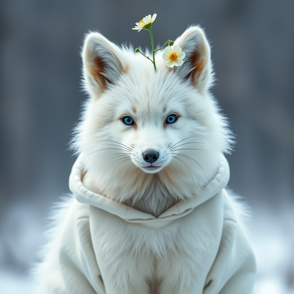 white Arctic fox, furry, half-human, in a hoodie, six years old, photorealism, white fur, a buttercup flower growing on the head, a fluffy tail, in the middle of the frame, symmetrical body and face, 50mm lens, taiga background, 16k white Arctic fox, furry, half-human, in a hoodie, six years old, photorealism, white fur, a buttercup flower growing on the head, a fluffy tail, in the middle of the frame, symmetrical body and face, 50mm lens, taiga background, 16k