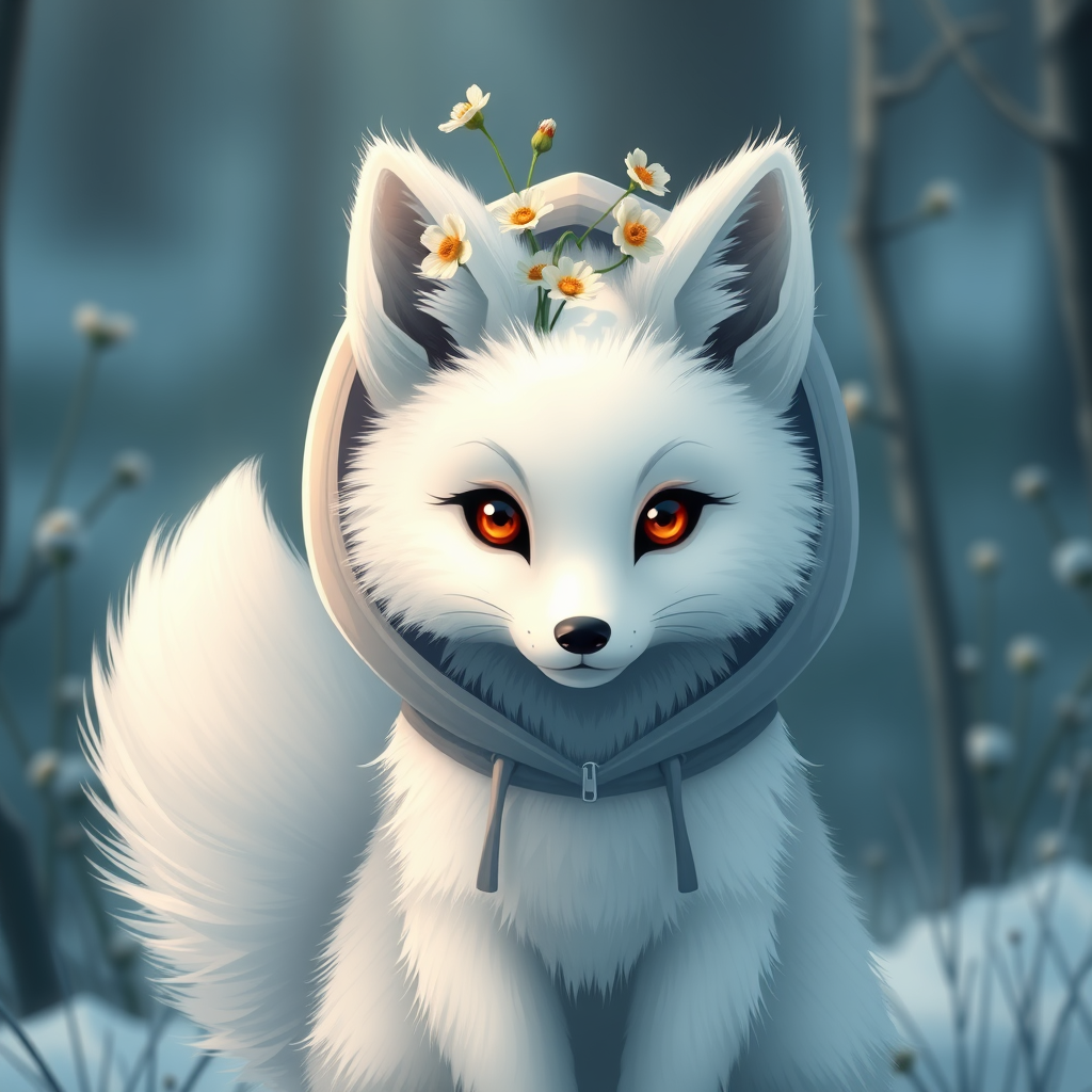 white arctic fox, furry, in a hoodie, six years old, photorealism, white fur, buttercup flower growing on the head, fluffy tail, in the middle of the frame, symmetrical body and face, 50mm lens, taiga background, 16k white arctic fox, furry, in a hoodie, six years old, photorealism, white fur, buttercup flower growing on the head, fluffy tail, in the middle of the frame, symmetrical body and face, 50mm lens, taiga background, 16k