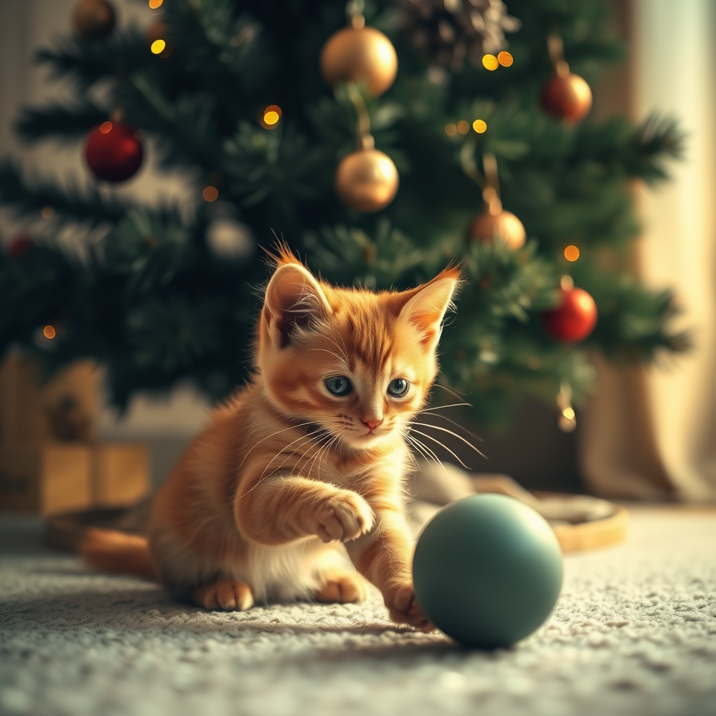 A ginger kitten plays with a ball under the Christmas tree A ginger kitten plays with a ball under the Christmas tree