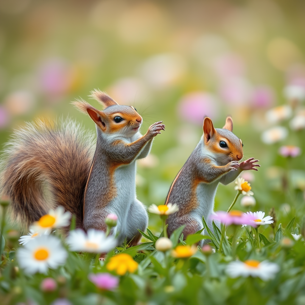 take a photo - squirrels in Russian sarafans are dancing in a flower meadow take a photo - squirrels in Russian sarafans are dancing in a flower meadow