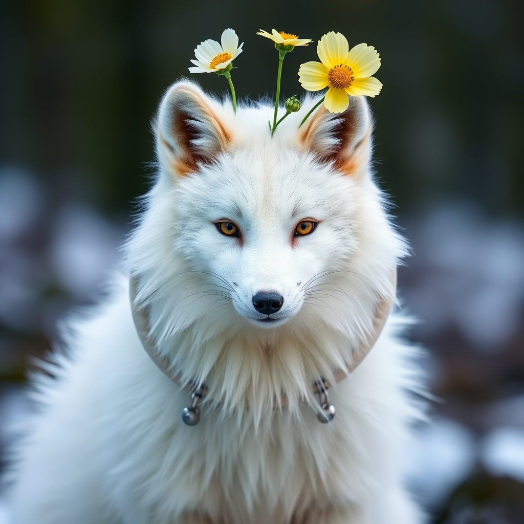 white arctic fox, furry, in a hoodie, six years old, photorealism, white fur, buttercup flower growing on the head, fluffy tail, in the middle of the frame, symmetrical body and face, 50mm lens, taiga background, 16k white arctic fox, furry, in a hoodie, six years old, photorealism, white fur, buttercup flower growing on the head, fluffy tail, in the middle of the frame, symmetrical body and face, 50mm lens, taiga background, 16k