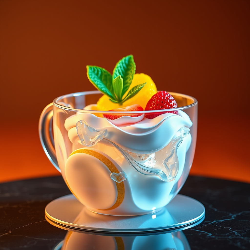 inspired by realflow-cinema4d editor features, create image of a transparent luxury cup with ice fruits and mint, connected with white, yellow and pink cream, Slow - High Speed MO Photography, 4K Commercial Food, YouTube Video Screenshot, Abstract Clay, Transparent Cup, molecular gastronomy, wheel, 3D fluid, Simulation rendering, still video, 4k polymer clay futras photography, very surreal, Houdini Fluid Simulation, hyperrealistic CGI and FLUIDS & MULTIPHYSICS SIMULATION effect, with Somali Stain Lurex, Metallic Jacquard, Gold Thread, Mulberry Silk, Toub Saree, Warm background, a fantastic image worthy of an award. inspired by realflow-cinema4d editor features, create image of a transparent luxury cup with ice fruits and mint, connected with white, yellow and pink cream, Slow - High Speed MO Photography, 4K Commercial Food, YouTube Video Screenshot, Abstract Clay, Transparent Cup, molecular gastronomy, wheel, 3D fluid, Simulation rendering, still video, 4k polymer clay futras photography, very surreal, Houdini Fluid Simulation, hyperrealistic CGI and FLUIDS & MULTIPHYSICS SIMULATION effect, with Somali Stain Lurex, Metallic Jacquard, Gold Thread, Mulberry Silk, Toub Saree, Warm background, a fantastic image worthy of an award.